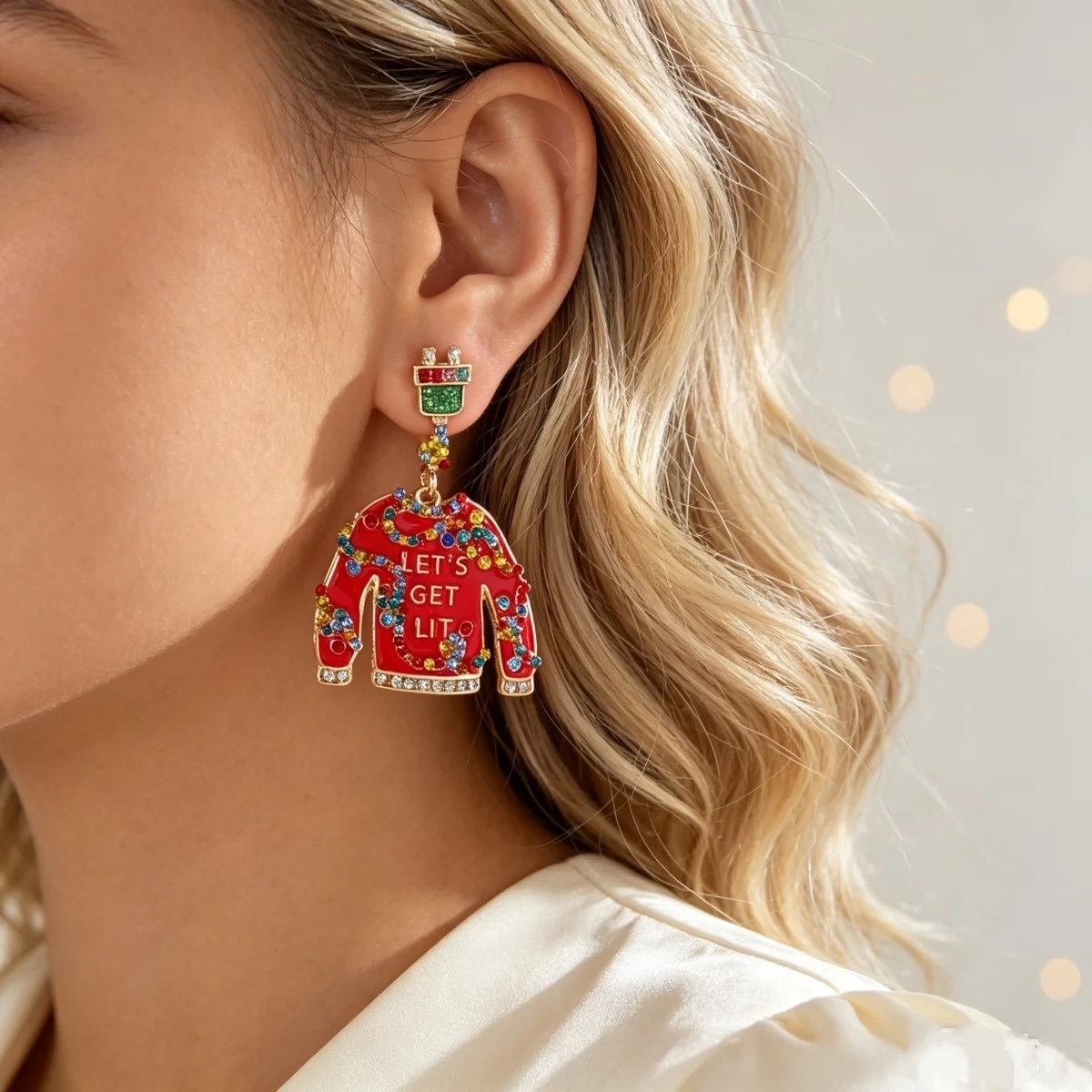 Bunte Strass-Weihnachtspullover-Geschenkbox-Ohrhänger für Damen, Weihnachts-Schneeflocken-, Schlittschuh-, Glühbirnen- und Haus-Ohrringe, Schmuck – Detail 11