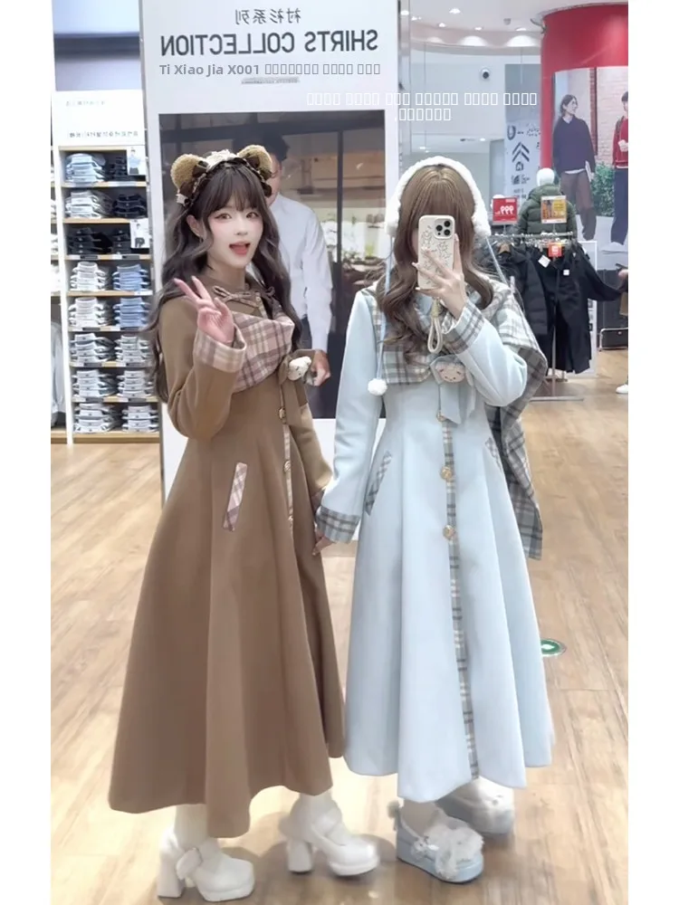

Korean Sle Sweet plus Size Long Waist-Cinching Slimming Woolen Coat Women Autumn Winter 2025 New Plaid Splicing Coat