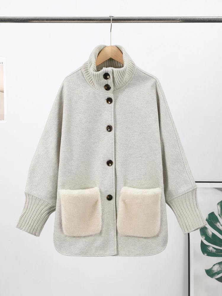 Damski płaszcz patchworkowy z dzianiny, długi rękaw, kieszenie, jednorzędowy, stójka, modny, streetwear