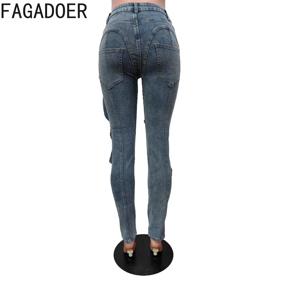 Imagem -06 - Fagadoer-calça Jeans Casual Retro Azul Cargo para Mulher Cintura Alta Botão Jean Magro Calça Feminina Calças de Elástico Moda