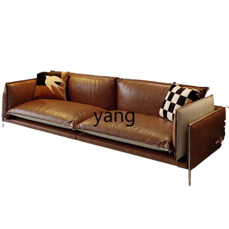 

Yjq first-layer leather sofa retro medium and ancient style light luxury brown small apartment straight row leather art