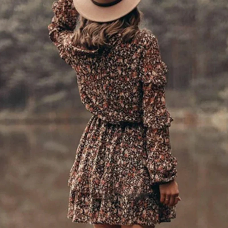 

Новое женское богемное платье в стиле ретро с цветочным принтом, повседневное праздничное платье с круглым вырезом на талии и рюшами, модное шифоновое мини-платье с длинными рукавами