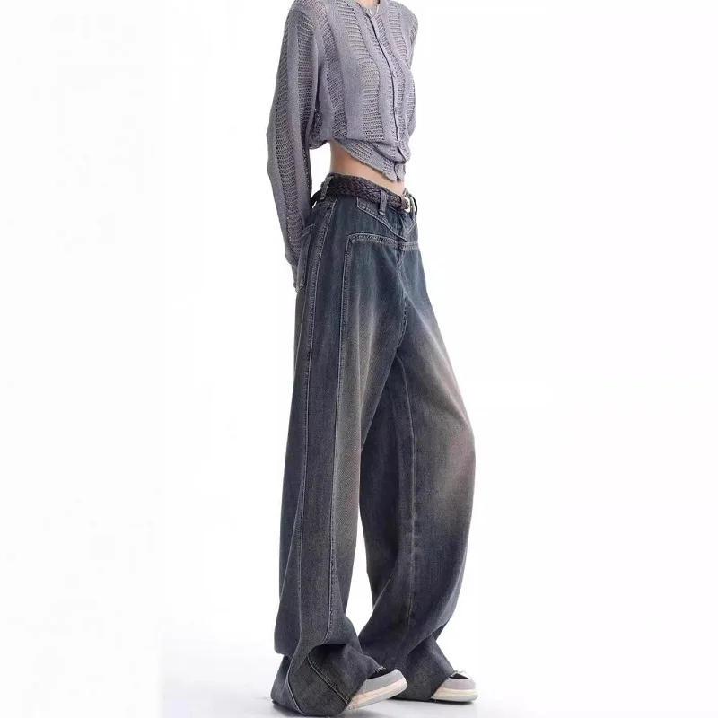 Y2k American High Street Retro Do Old Wide Leg Jeans Women Fall 2024 New Mid-High Waist Casual Fashion Thin Mopping Pants Trend