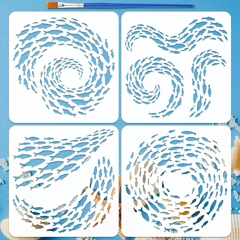 4PCS Fish Schools Stencils with Paint Brush 11.8x11.8 inch 4 Styles Reusable Marine Creatures Patterns Tempplate for Painting