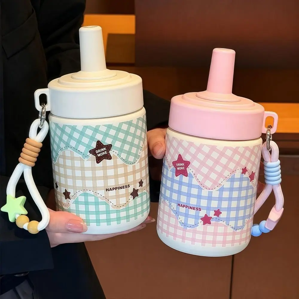 316 Stainless Steel Straw Insulated Bottle 480ml Heat Retaining Cartoon Vacuum Mug Handle Rope Reusable Portable Travel Tumbler