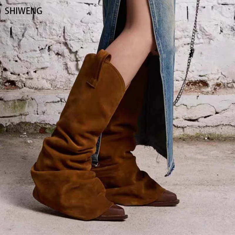 Women Foreign Trade Vintage Pleated Pile Boots for women 2024 new Pointy Toe Thick Heel Western Cowboy plus size 43 Knight Boots