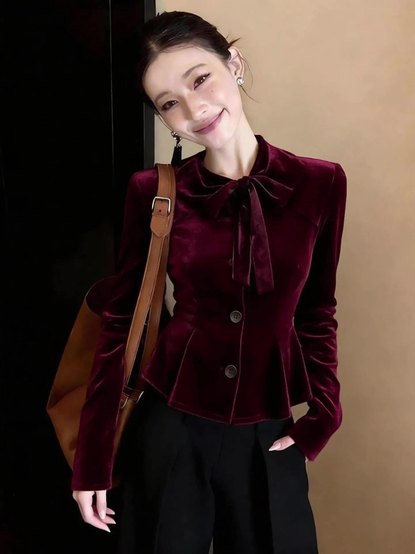 

Женский бархатный топ Ele винно-красного цвета с завязками на талии, роскошная универсальная длинная шерстяная смесь све для поездок на работу