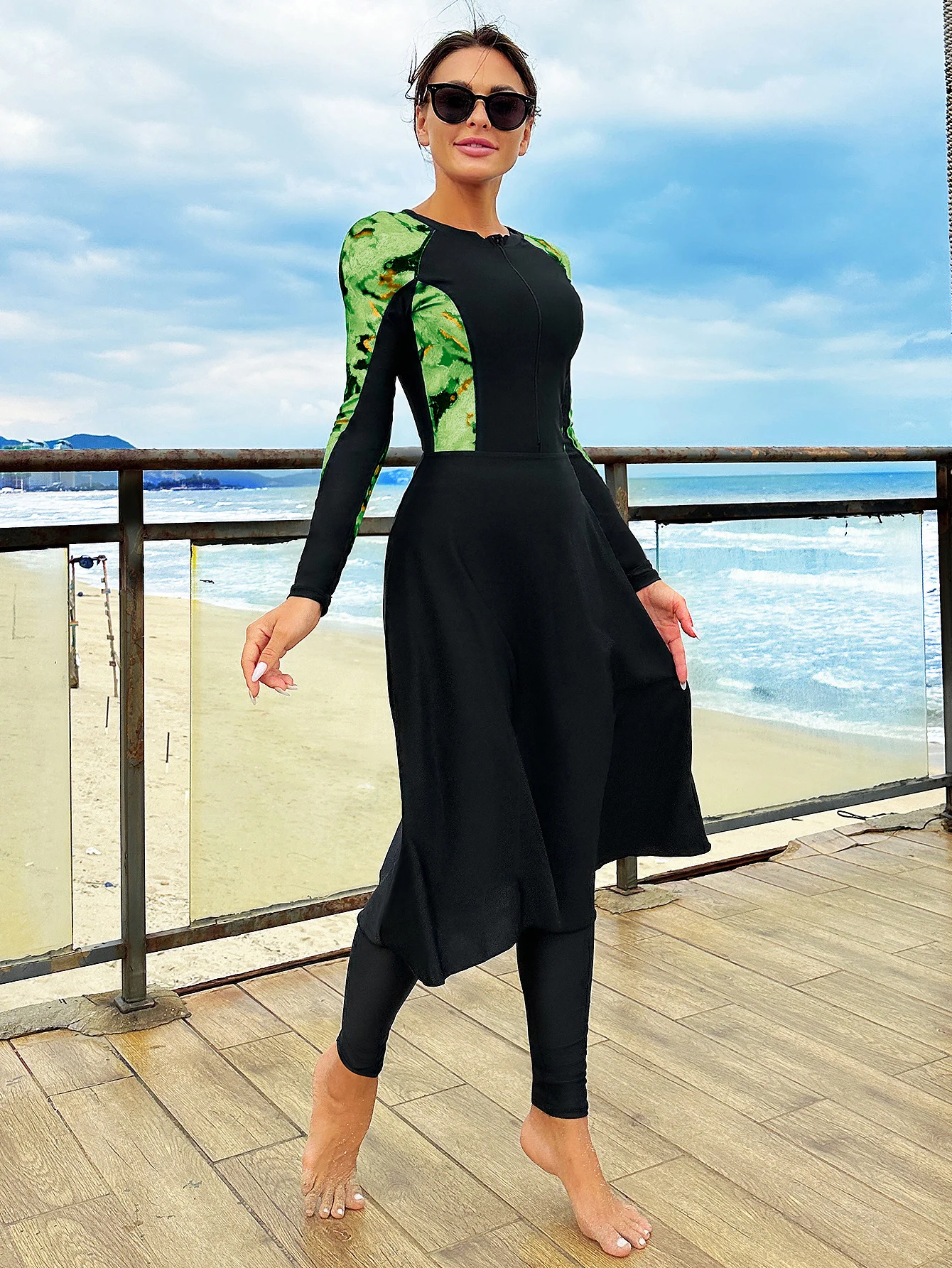 3pcs Muslim Burkini Modest swimsuit with Colorful Printed Long Sleeved Swimwear Beach swimsuit SPF50+ with Long Pant and Skirt image 6
