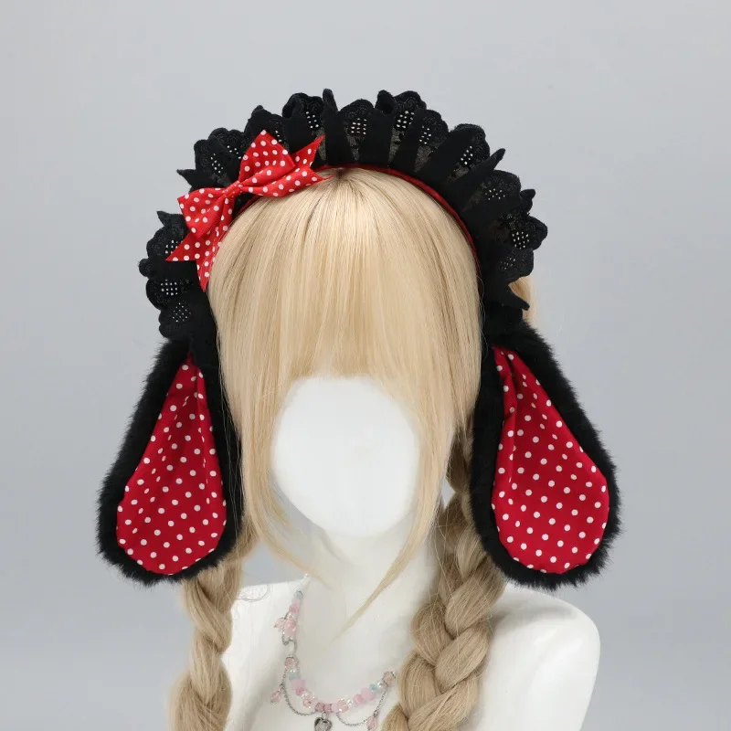 Sweet Kawaii Plush Bunny Ear Headband Ruffled Lace Polka Dot Inner Ear Lolita Cosplay Maid Hair Accessory Pink White Gray Black
