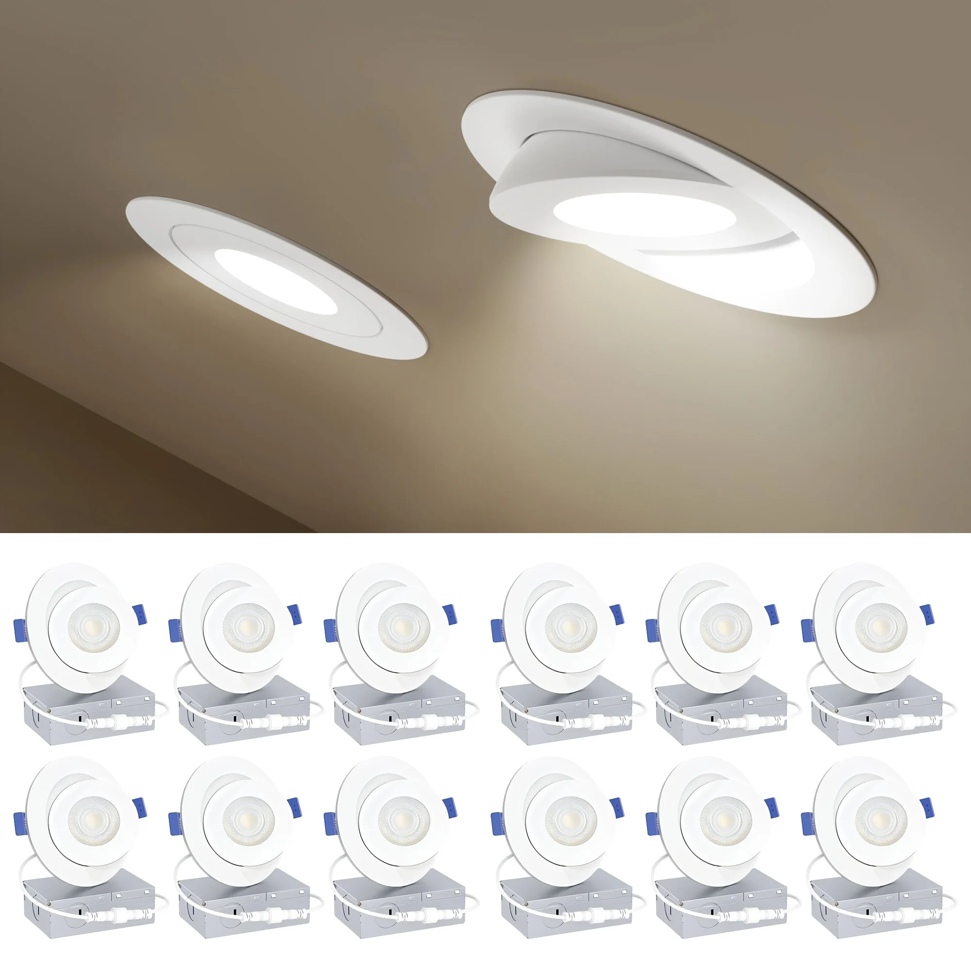

4/6/12 Pack 4-Inch Gimbal LED Recessed Light with Junction Box, 90° Adjustable Directional Eyeball Lighting, Dimmable, 2700K/3000K/3500K/4000K/5000K, 900LM, 9W-FCC, for Home, Office, Kitchen, Bathroom - Commercial/Residential Use
