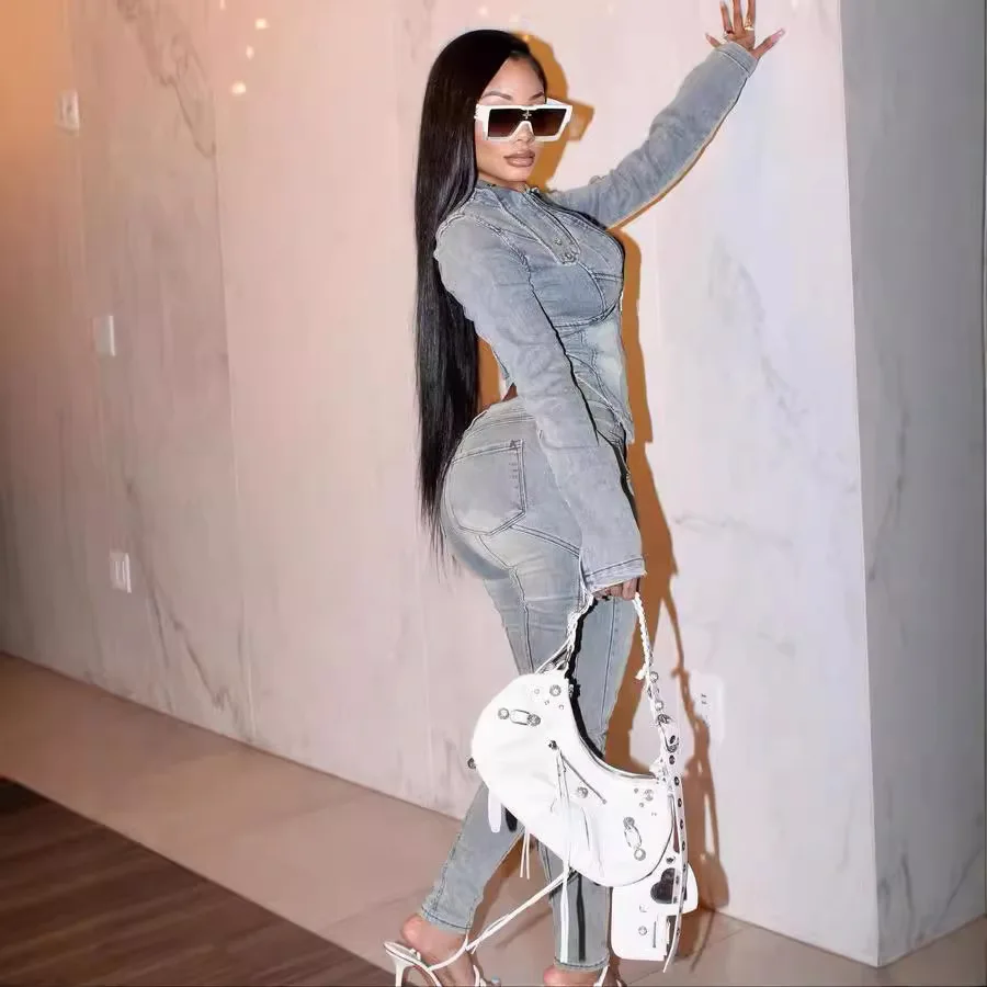 Setelan Denim Fashion Wanita Jaket Lengan Panjang V-neck + Celana Jeans 2024 Musim Gugur Streetwear Dua 2 Potong Setelan Tracksuit