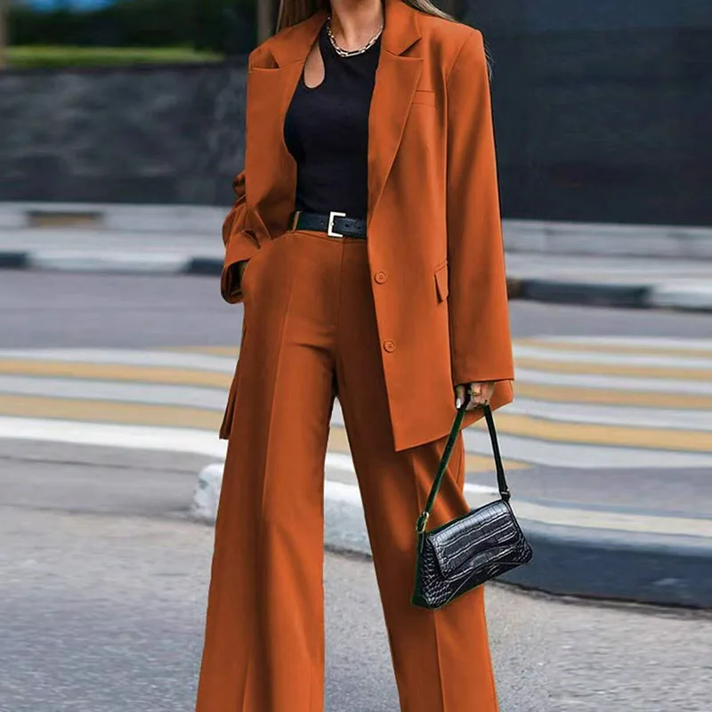 

Fashion Long Sleeve Lapel Coat&Pocket Pants Sets Office Lady Simple Straight Pants Sets Autumn Winter New Solid Commute Outfits
