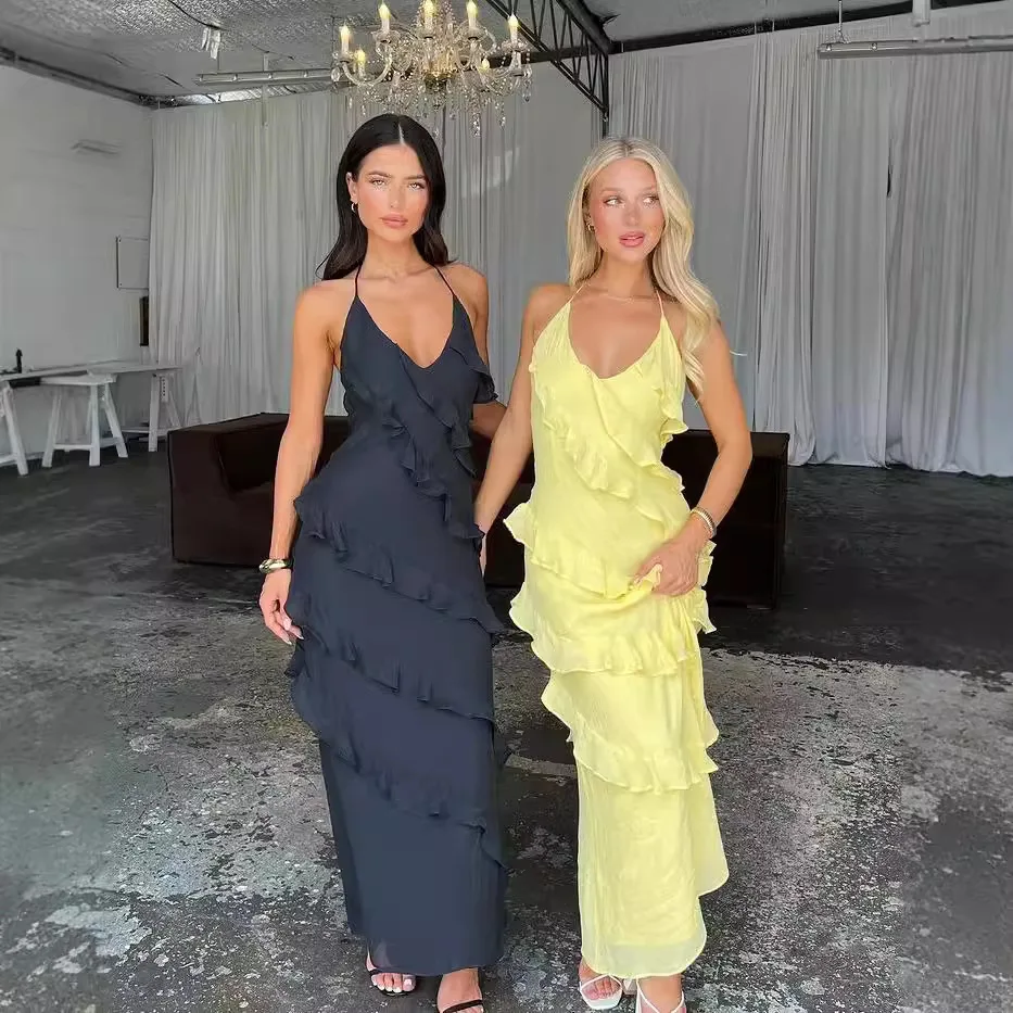 

Hot-selling women's solid color sleeveless halter tie-up multi-layer ruffle dress