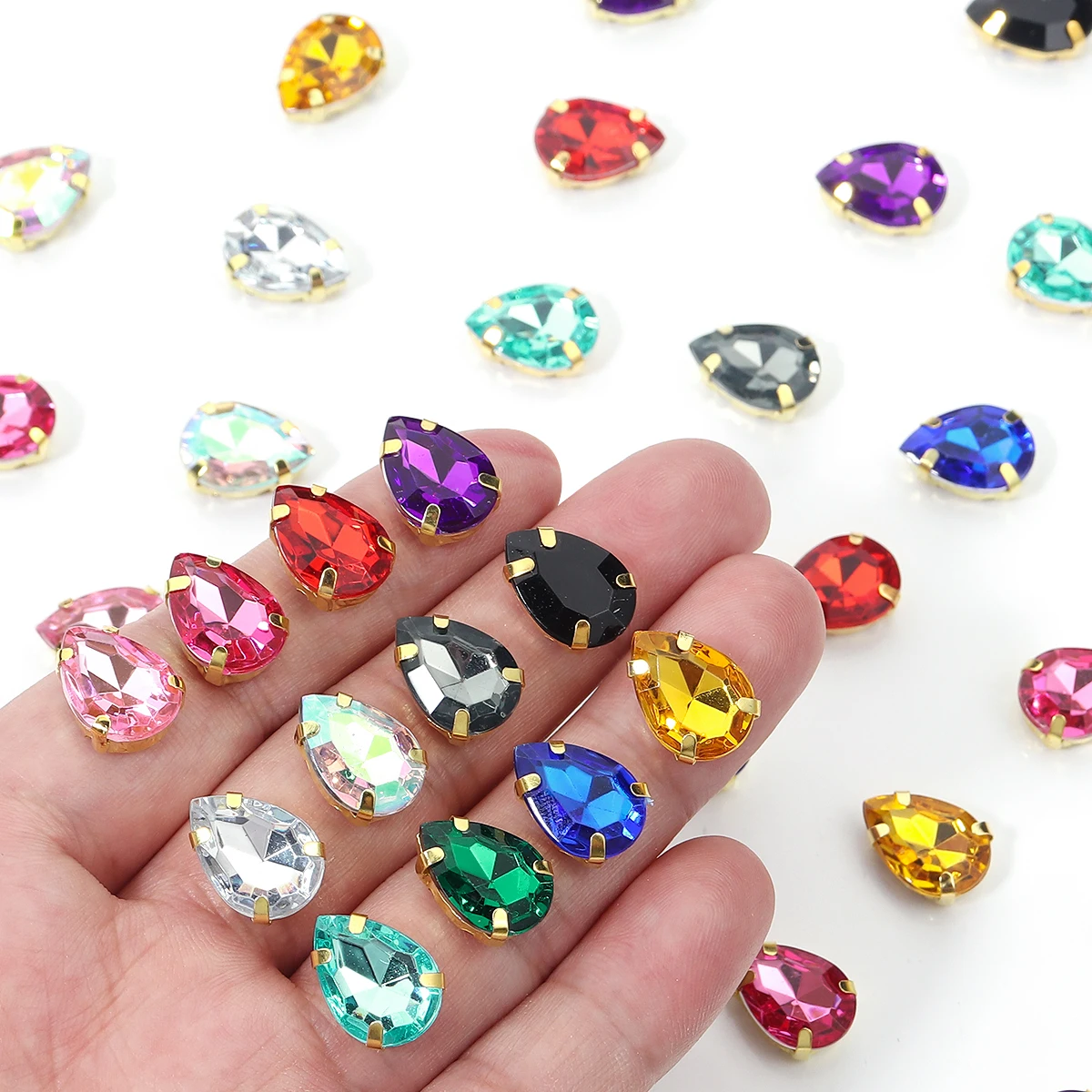 50pcs/lot Acrylic Sew On Rhinestones Teardrop Claw Rhinestones Stainless Steel Gold Claw Setting For Jewelry Making Decoration