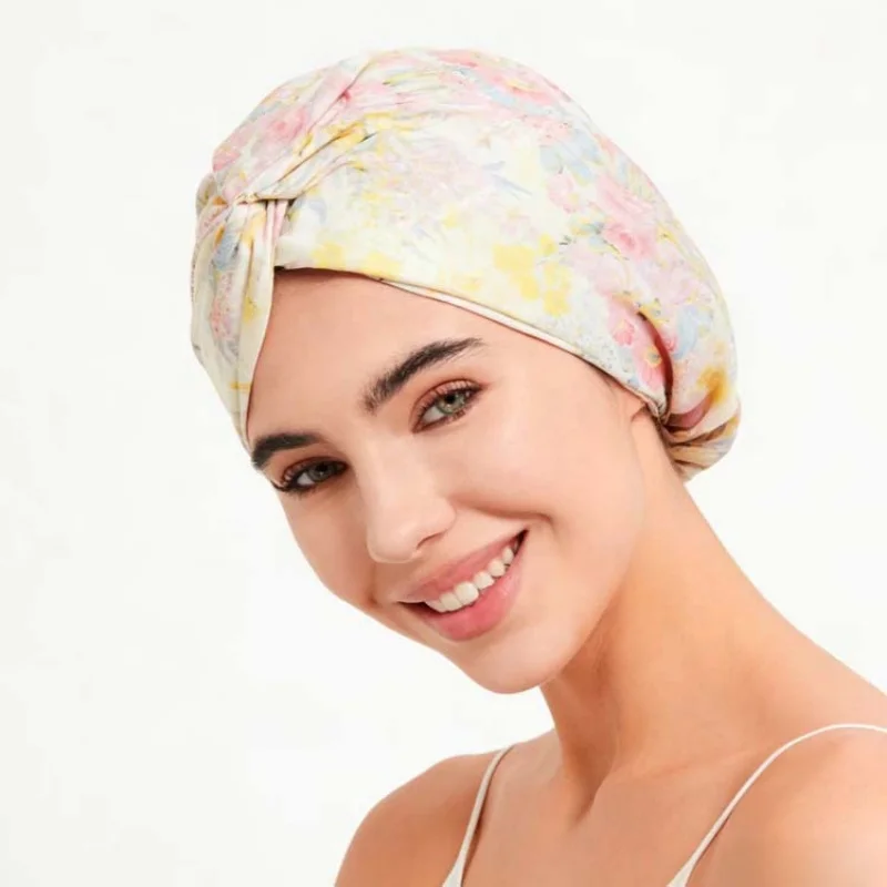 BirdTree, 100% Real Silk Turban Bonnets, Women Twisted Printed Sleeping Night Cap, Pure Silk Hair Wrap Cap For Ladies A63434JF