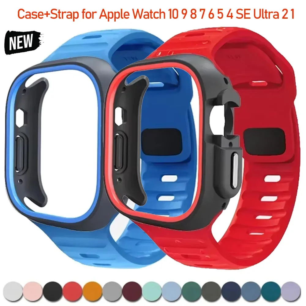 

Чехол из ТПУ + силиконовый ремешок для Apple Watch Band Ultra 49 мм, спортивный ремешок для Iwatch Series10 9 8 7 6 SE 5 4 46 мм 45 мм 44 мм 41 40 42 мм