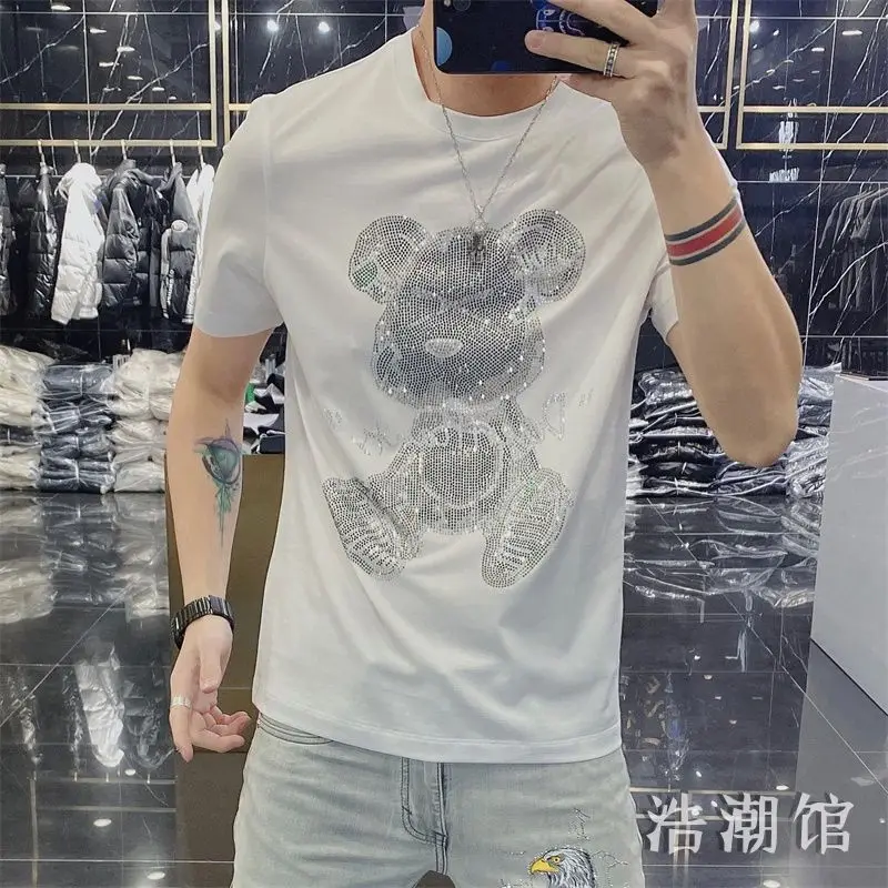 New Summer Luxury Brand Casual Tees for Men O-Neckline Short Sleeve Trendy Rhinestone Teddy Bear Design Men\'s Oversize T-shirt