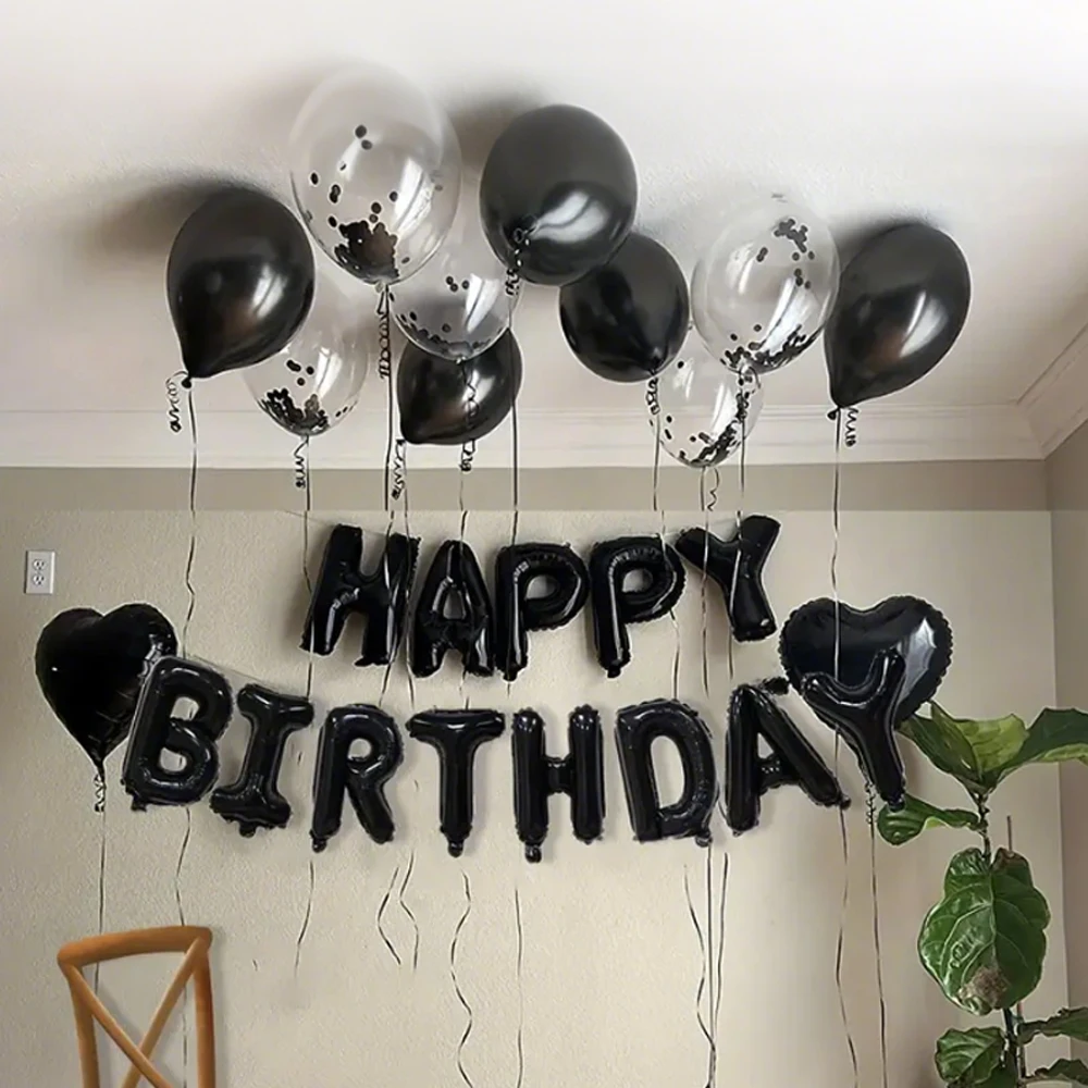 Schwarzes Happy Birthday Party-Ballon-Set, schwarzer Latex-Ballon, Aluminiumfolie, Buchstabenballon, verwendet für die Geburtstagsparty-Dekoration