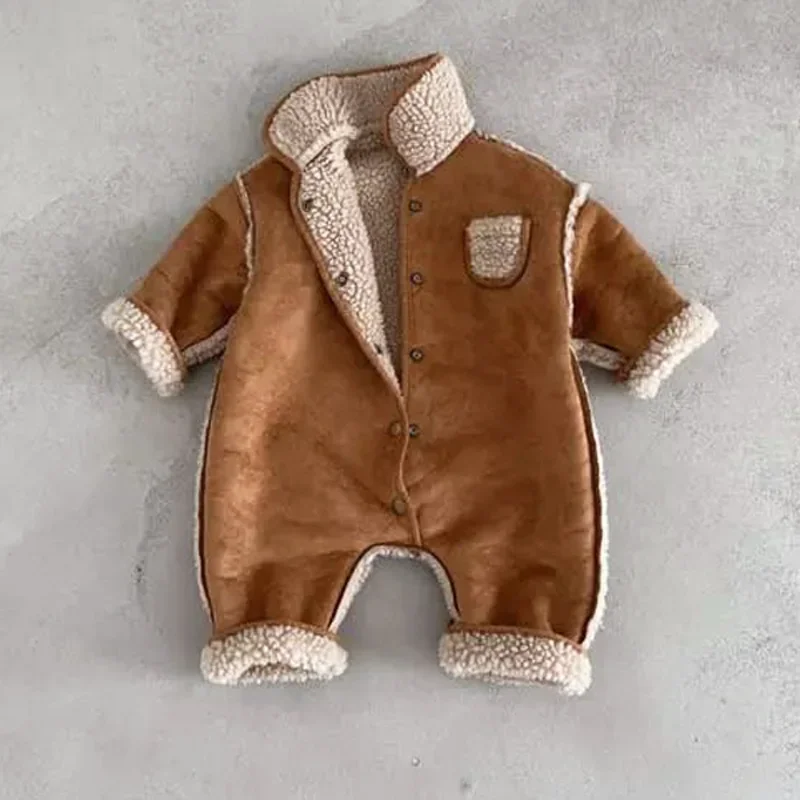 

Baby Clothing Romper 2024 Winter Onesie Retro Thickened Lamb Wool Warm Solid Color Casual Simple New Fashionable Kids Romper