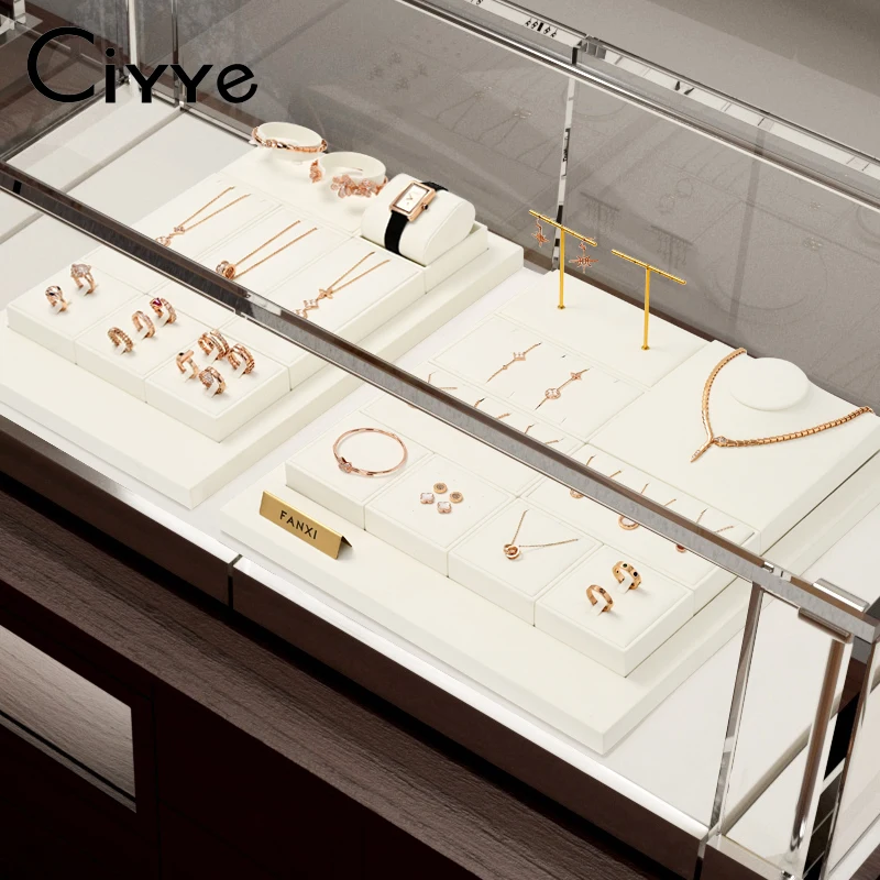 Ciyye Microfiber Beige Jewelry Display Props Tray For Rings Earring Bracelet Necklaces Counter Window Display Jewelry Props Set