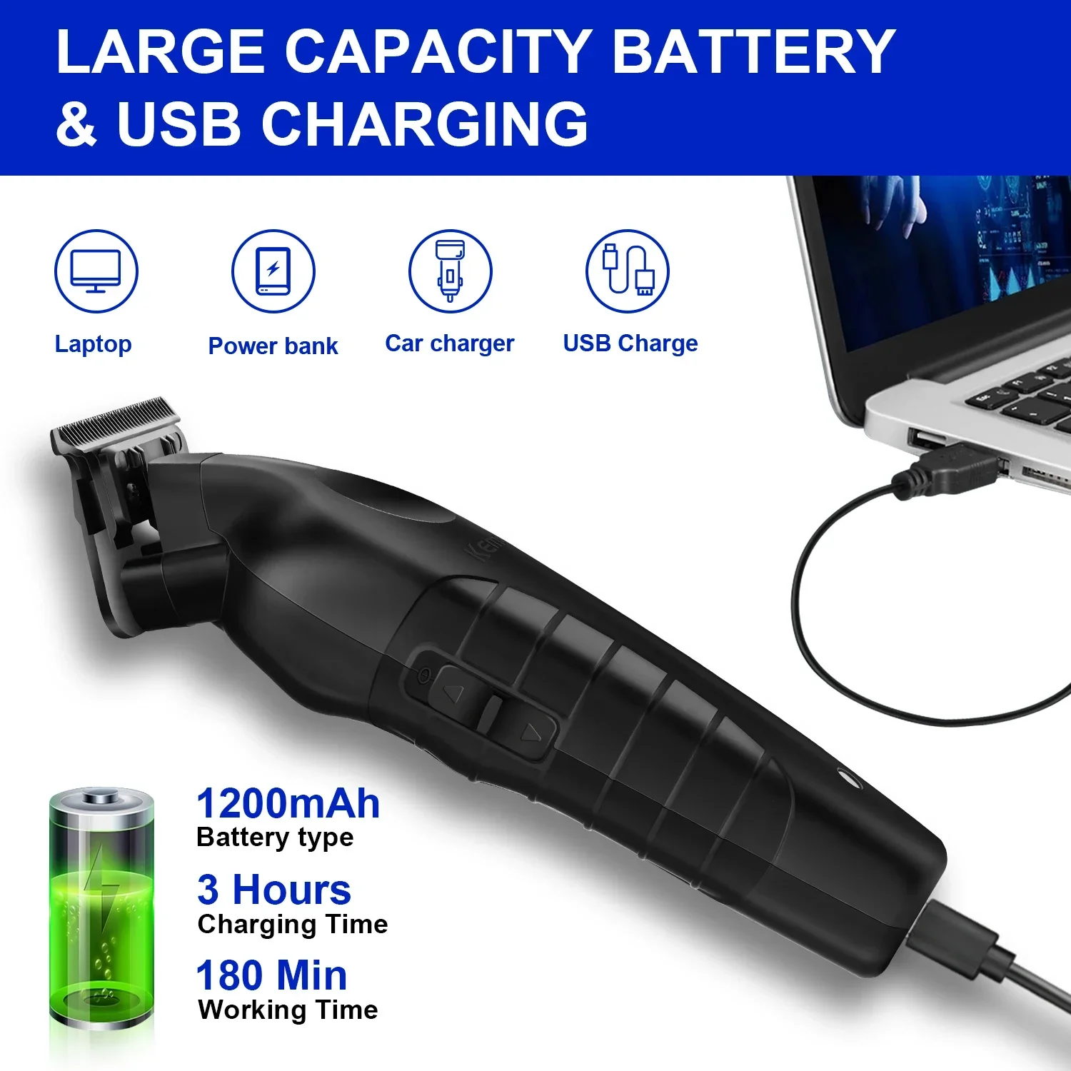 Kemei مقص الشعر Km-809A Km-2299 Km-2024 UBS قابلة للشحن اللاسلكي أداة تهذيب اللحية مشابك شعر كهربائية قوية للرجال