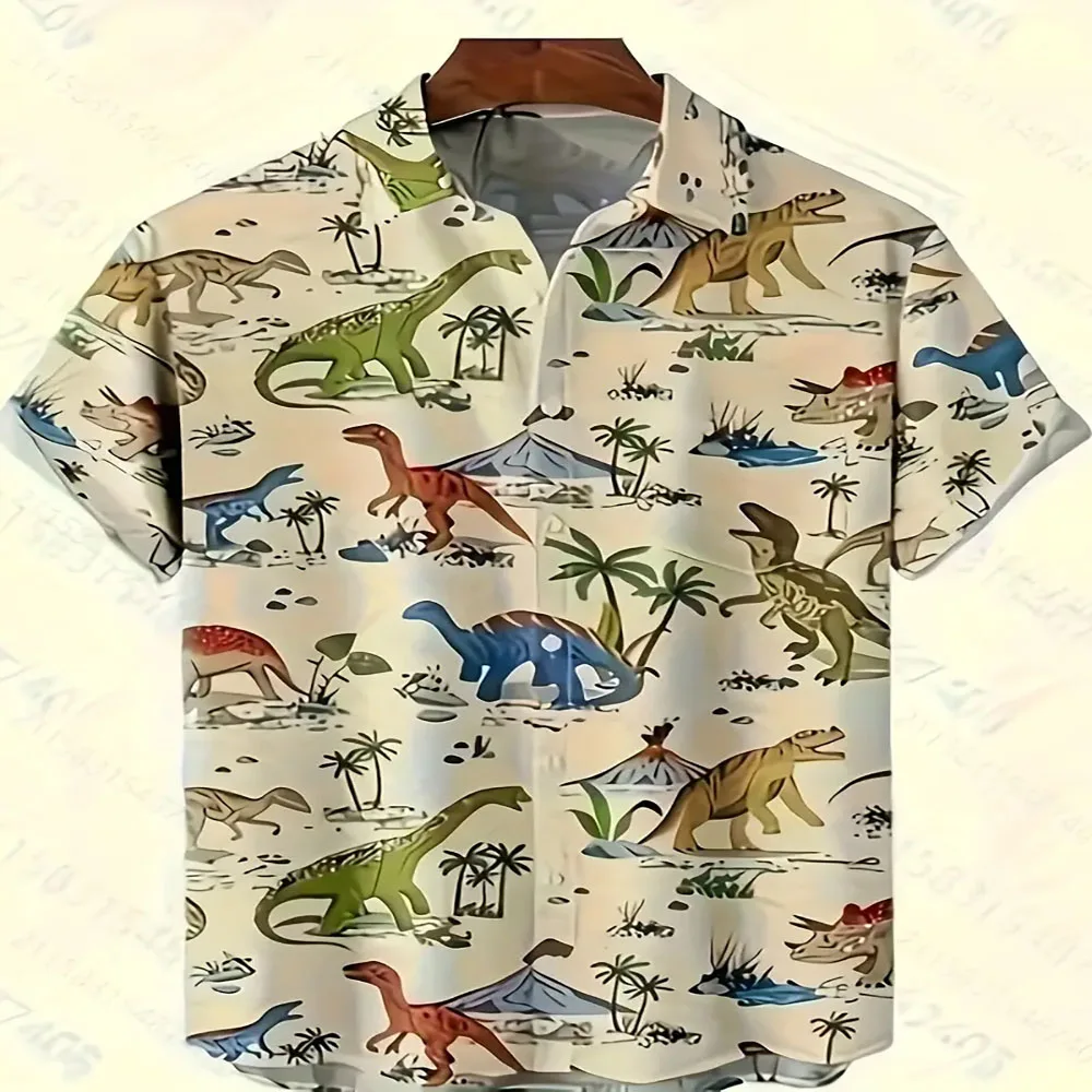 New Men's Casual Shirt Jurassic Dinosaur Print Premium Casual Breathable button up Top Summer Hawaiian Beach Vacation Shirt