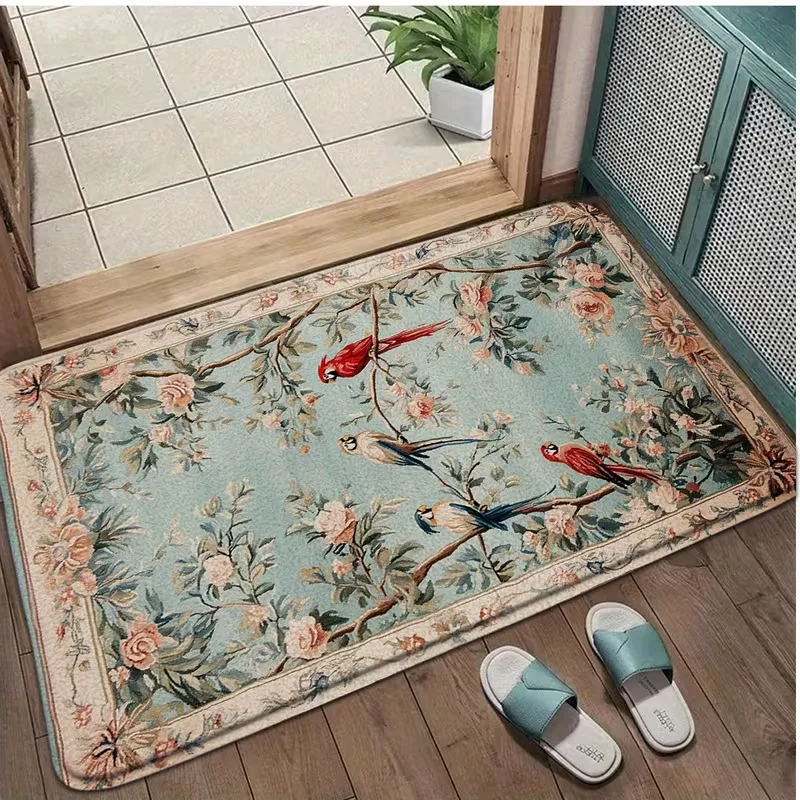 Floral and Avian Tapestry Bath Mat Bath Rug Vintage-Style Macaws and Birds on Branch Floor Mat Bathroom Decor Entrance Door Mat
