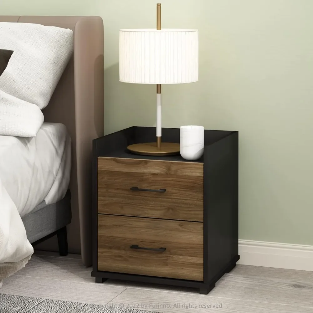 End Side Night Stand Modern Bedroom Bedside Tables Handle 2 Chest Nightstand, 1-Pack Drawer, Columbia Walnut/Black