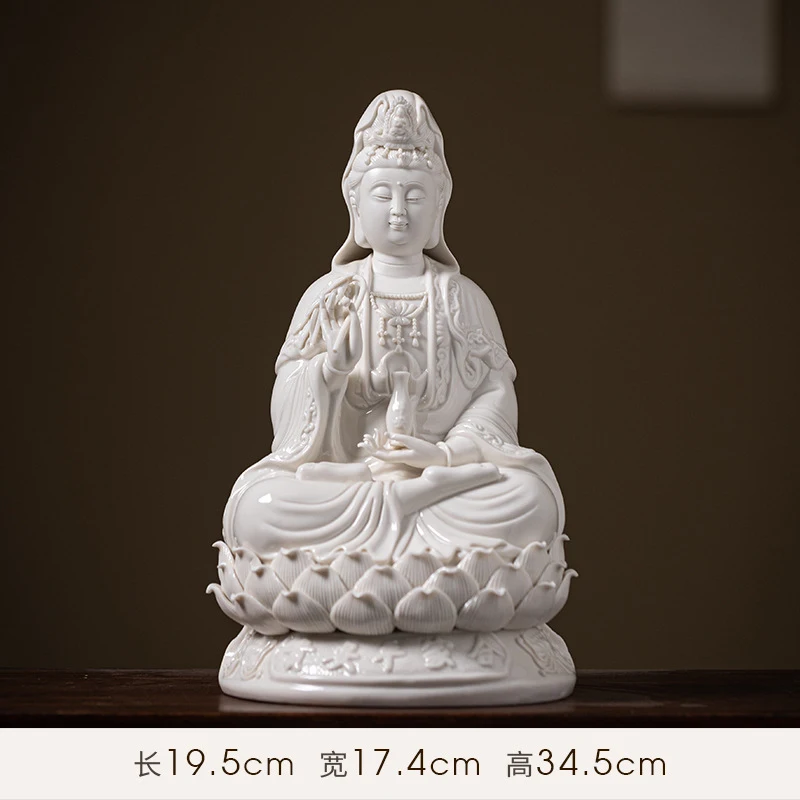 Ceramic Lotus-Sitting Guanyin Buddha Statue For Home Worship, Decorative Item, With Light Ring And Backflow Incense Burner, Whit