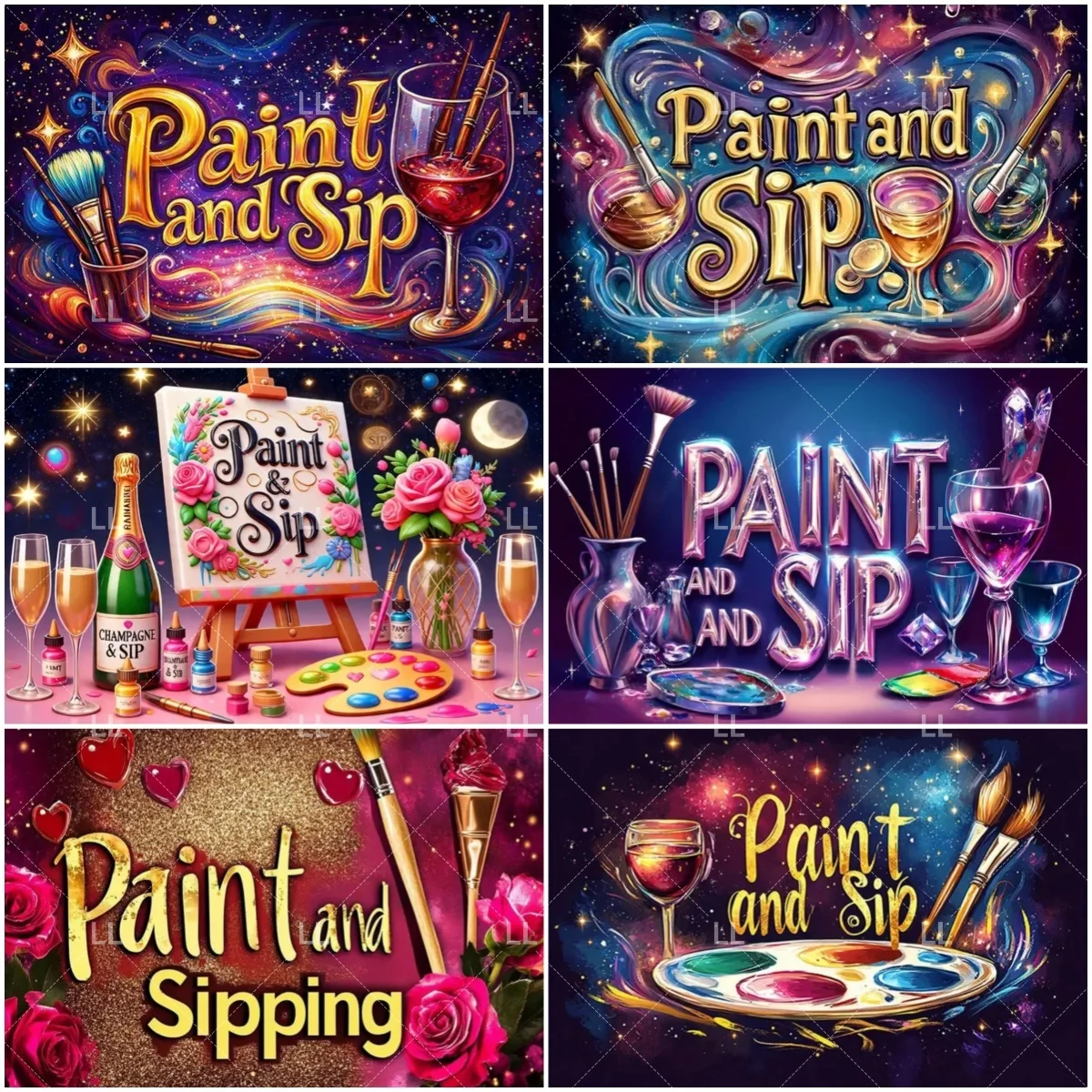 

Elegant Paint And Sip Background Cloth Pink Floral Gold Glitter Design Artistic Gatherings Backdrop Ladies' Night Photo Prop
