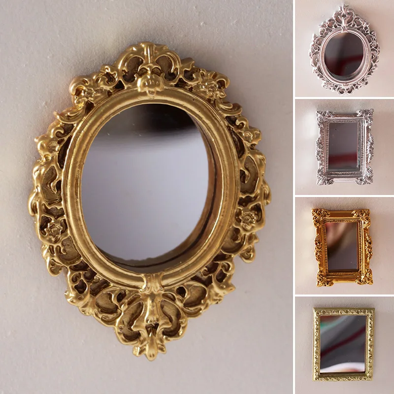 1/12 Dollhouse Miniature Frame Accessories Furniture Miniature Gold Silver Mirror Wall Room Mirror Doll House Embossed Mirror