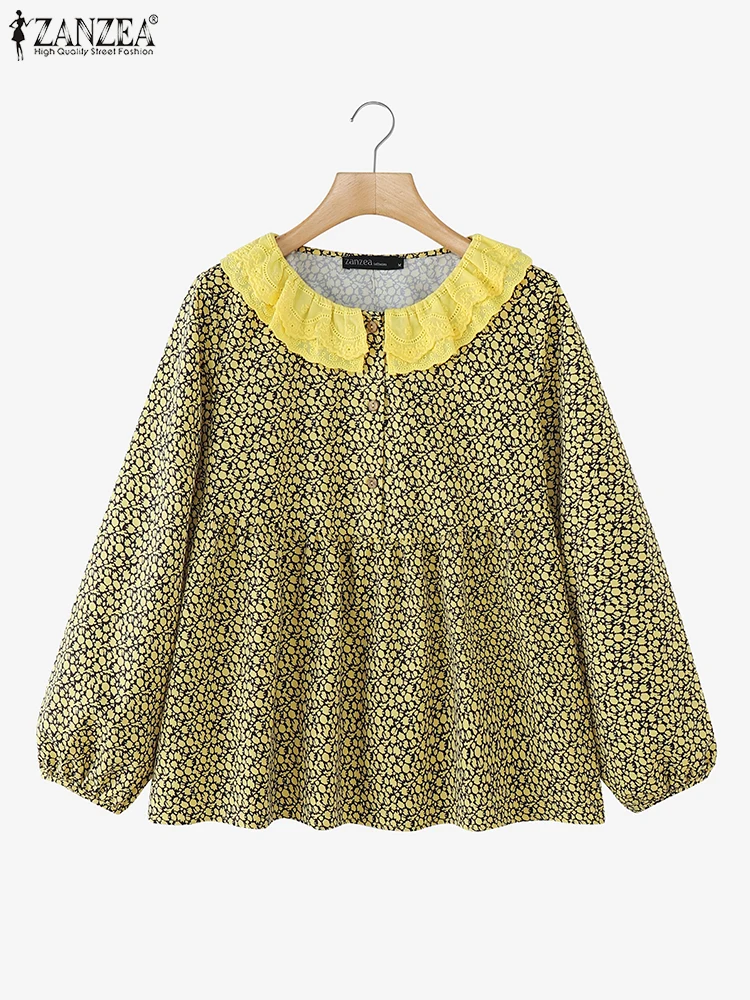 ZANZEA Autunno Moda Donna Coreana Camicetta stampata floreale 2025 Camicia con collo arricciato Vacanza Manica lunga Top Vacanza Tunica pieghettata