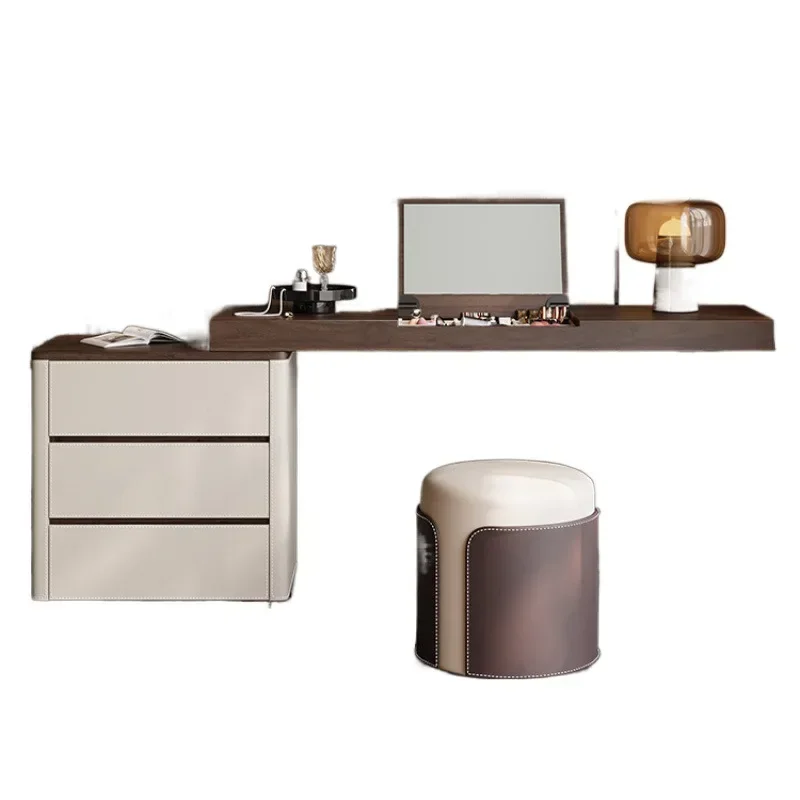 

All solid wood home dresser dressing table master bedroom saddle leather veneer flip mirror practical high-end desk dresser