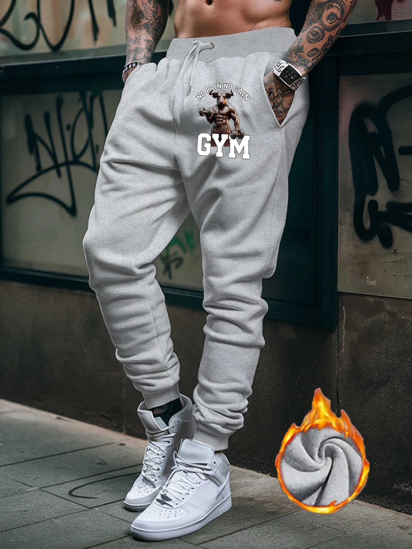 Bodybuilding street‑style no pain no gain bull fitness character front printed sweatpants men hip hop sports casual jogger pants