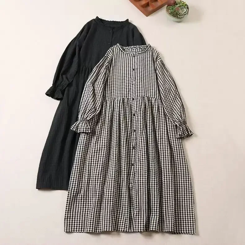 Japanese Mori Girl Vintage Plaid Cotton Linen Dress Women Spring Autumn Long Sleeve Casual Loose Single Breasted Shirt Dresses