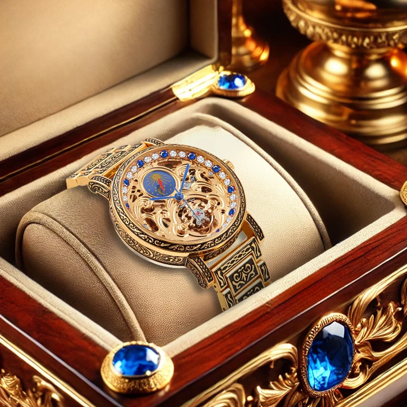 A men's Black And Gold Steel Strap Vintage Casual Engraved Case Sun And Moon Phases Automatic Mechanical Watch