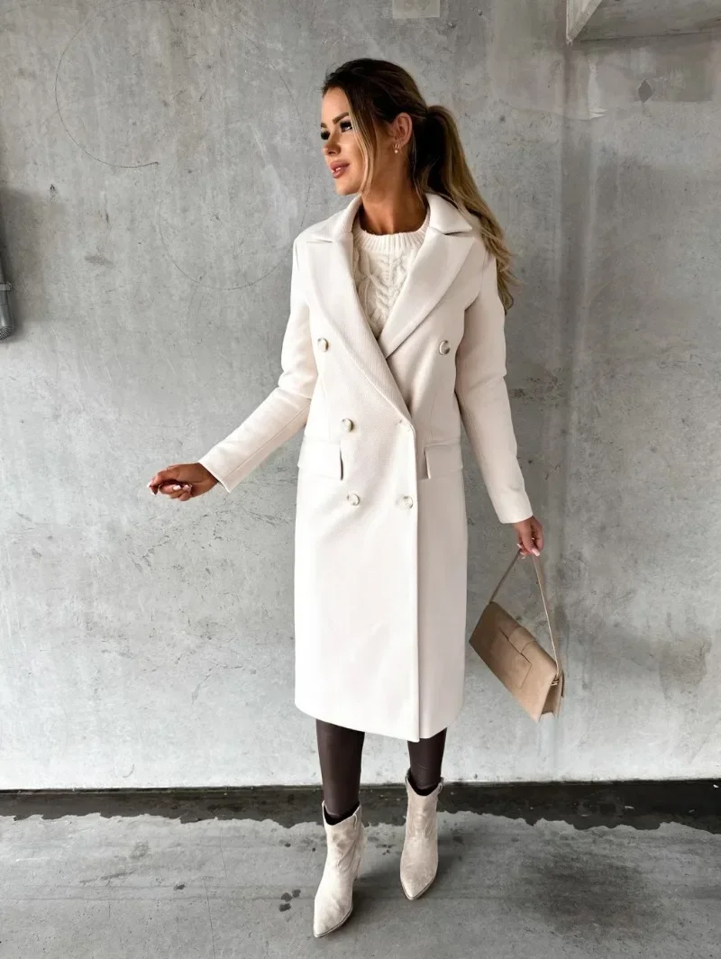 Autumn &winter Fashion Simple Long Sleeved Double Breasted Coat for Women Warm Commuting Windproof Coat Casual Simple