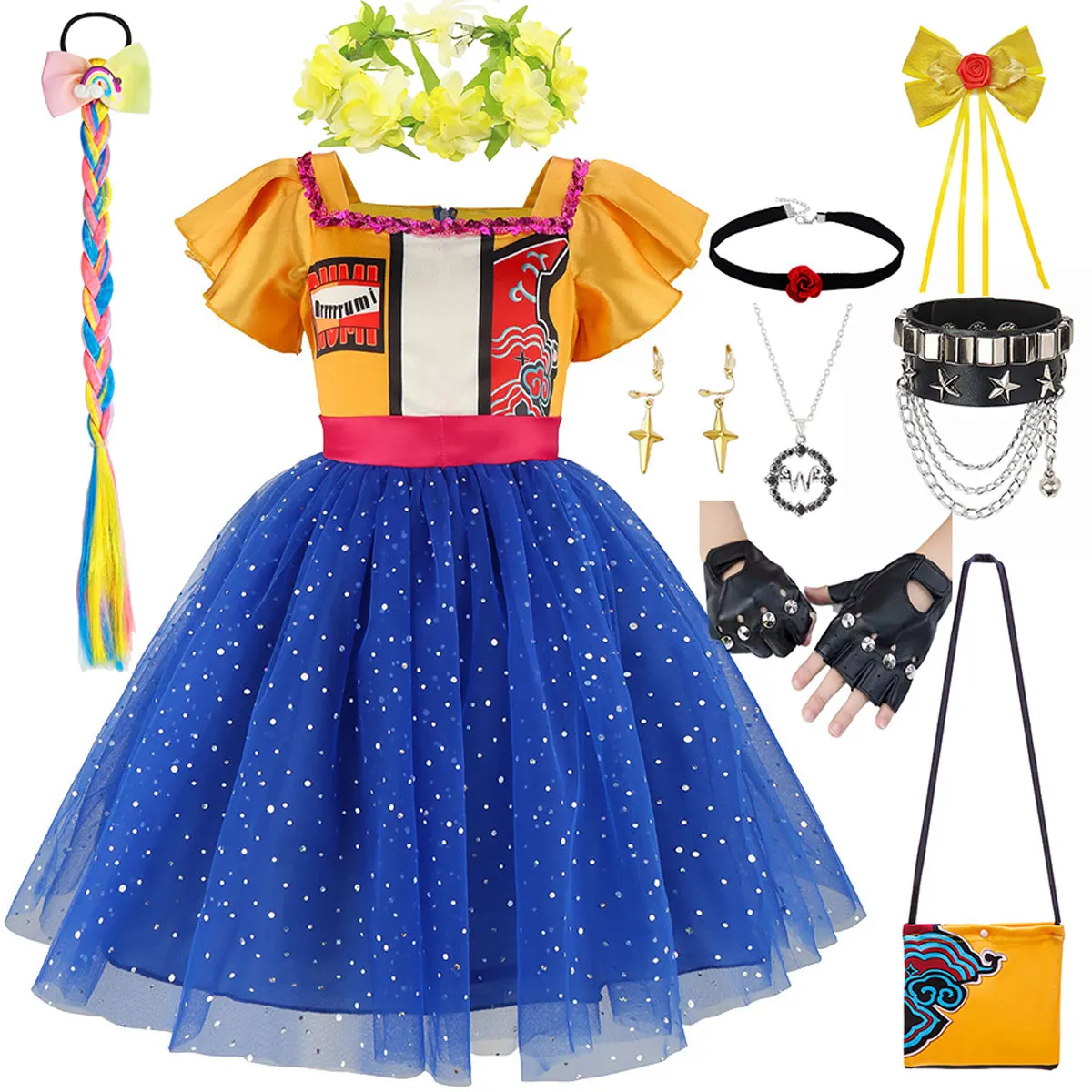 2026 New Arrival Halloween Carnival Girls Cosplay Short Sleeve Cute Yellow Fashion Puffy Dress with Accessories Set Aged 3-10