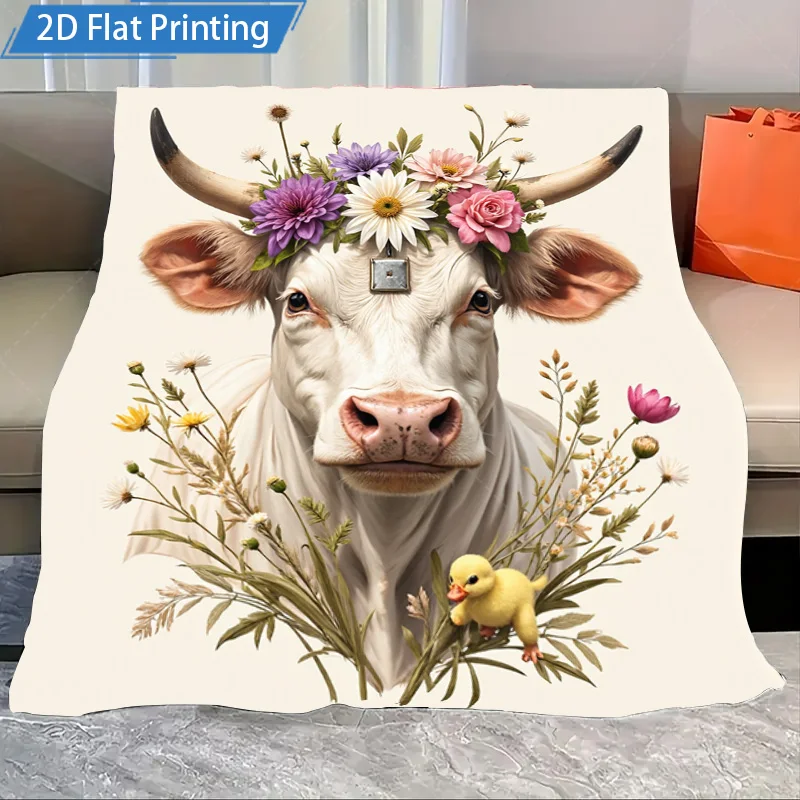 1pc Flannel Blanket Floral Cow & Duck Printed Blanket Soft Cozy Throw for Home Decor Farmhouse Style 2D Flat Printing