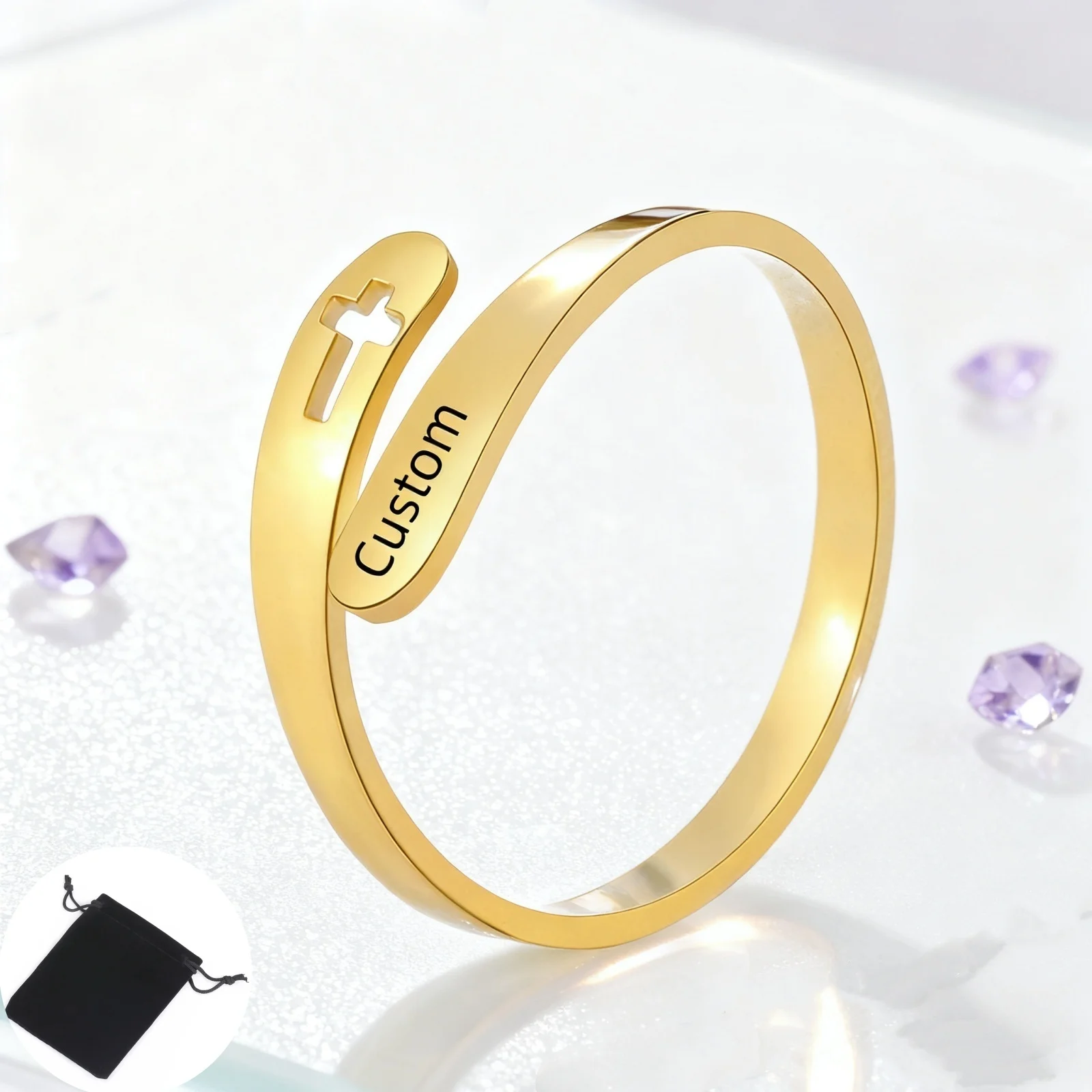 Personalized Stainless Steel Hollow Cross Open Ring