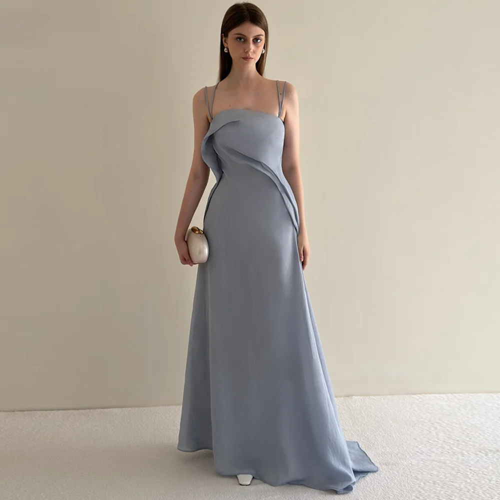 

Elegant A-Line Evening Dress Customized Blue Chiffon Party Dresses Sexy Style Spaghetti Straps Sleeveless Zipper Back Prom Dress