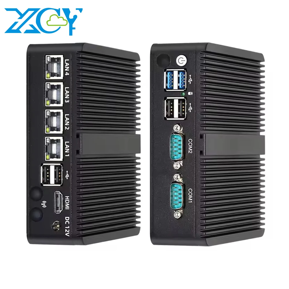 XCY Fanless Mini PC J6412 DDR4 M.2 NVMe SSD 4x 2.5GbE LAN RS232 RS485 DB9 6x USB WiFi 3G 4G LTE Pfsense