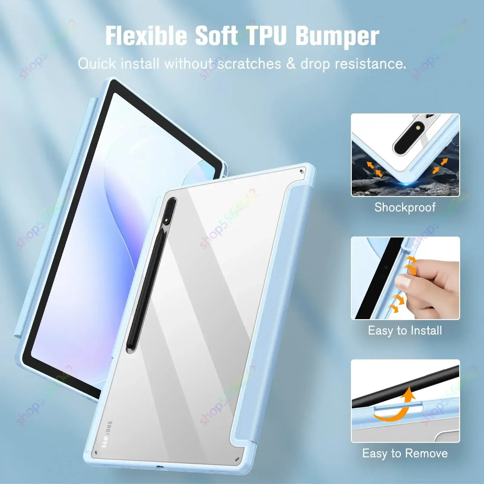 Hybrid Slim Case for Samsung Galaxy Tab S9 S8 S7 Plus FE 12.4 Inch 11 Inch X810 X710 Clear Smart Back Cover with S Pen Holder