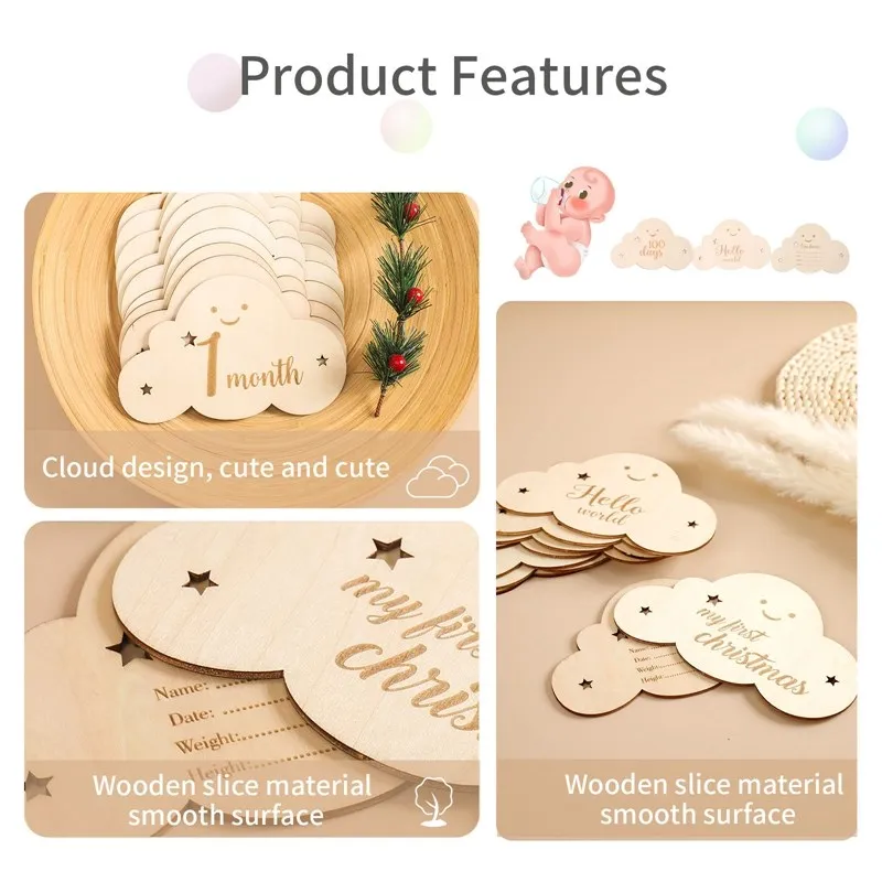 8pcs/set Wooden Baby Milestone Cards Cute Cloud Shape Milestone Memorial Monthly Baby Commemorativenir Newborn Photo Accessories