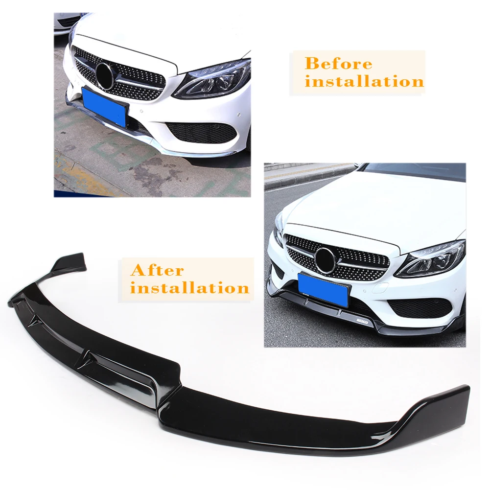 Sport Style Car Front Bumper Lip Spoiler Cover Trim Gloss Black ABS For Mercedes Benz W205 C-Class C180 C200 C300 2019-up