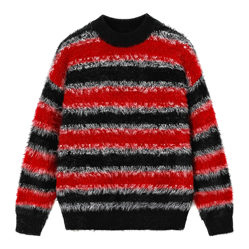 

Winter Red and Black Contrasting Laid-back Style Sweater Sea Hair Knitted Sweater Retro Striped Sweater Mens Round-neck Pullover