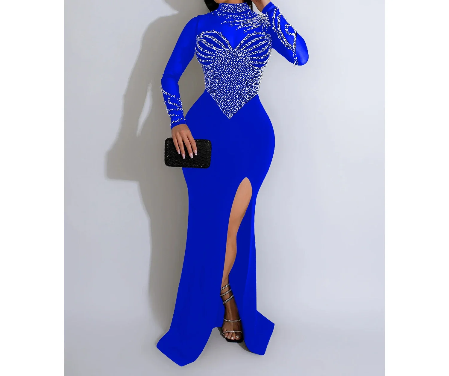 

Spring One-piece Dress Women 2024 New Fashion Solid Mesh Hot Diamond Split Long Skirt Half High Collar Long Sleeves Dress Female