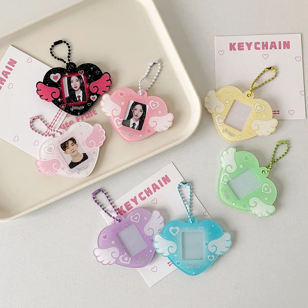 

With Keychain Mini Photocard Holder Love Heart Wing Pendant Hanging Decoration Idol Card Display Protector Korean Style