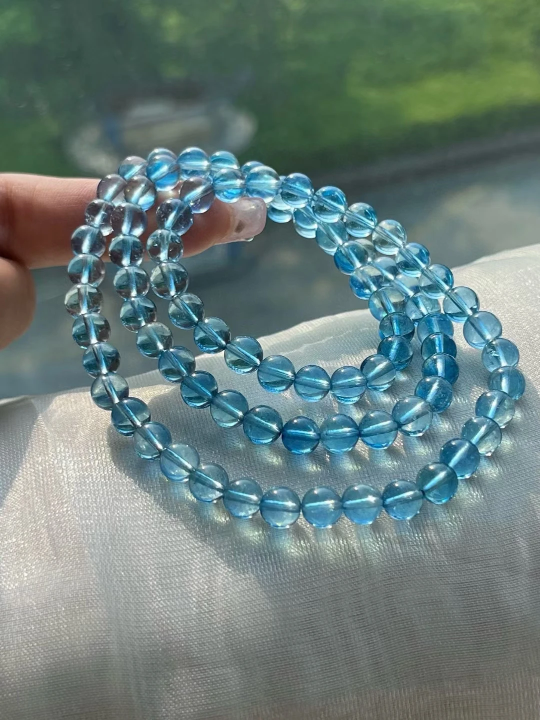 

Natural Blue Aquamarine Quartz 3 Laps Bracelet 6.8mm Clear Round Beads Gemstone Wealthy Stone For Women Men AAAAAAA