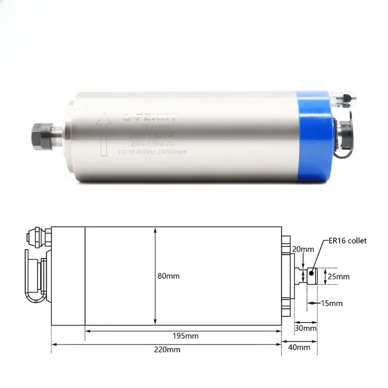 High Speed 1.5KW ER16 D80mm Water Cooled CNC Spindle 110V 220V 380V Bearing Spindle for Wood Working Milling Machine